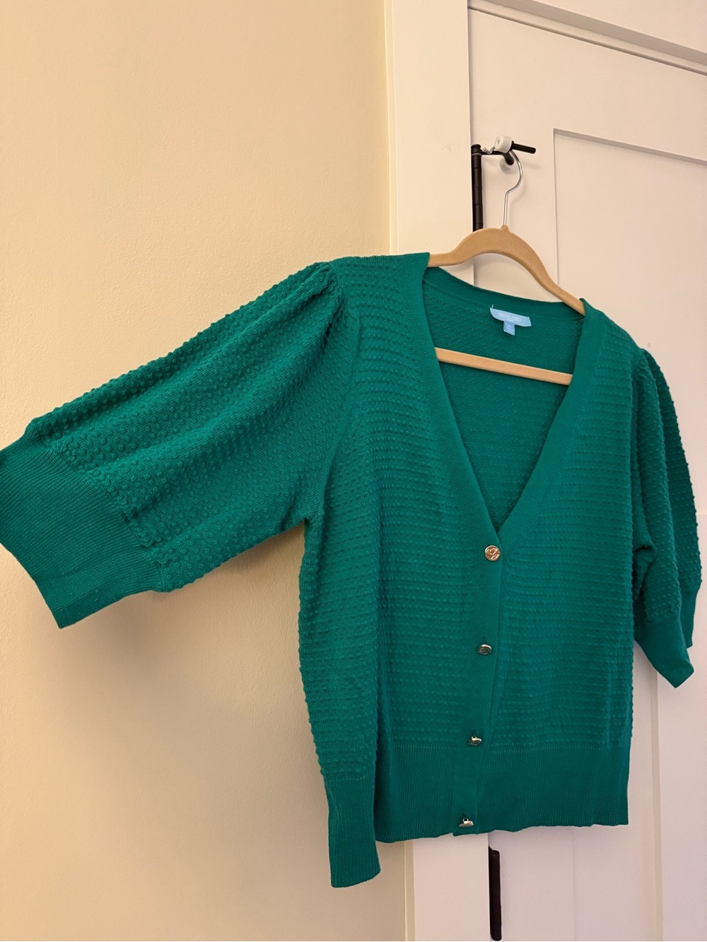 Draper James RSVP Kelly Green Elbow Puff Sleeve Cardigan Sweater Dotted XL NWOT